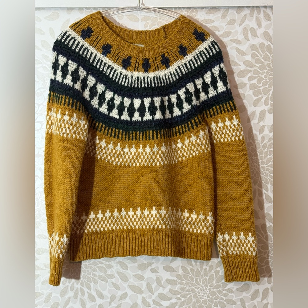 Lucky Brand Women’s M Boho Wool Blend Yellow Fair Isle Pullover Crewneck Sweater